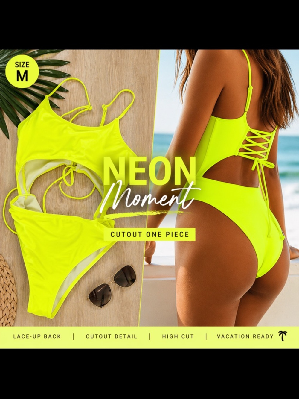 Neon Yellow Cutout Lace-Up One Piece Swimsuit – Size M 💛